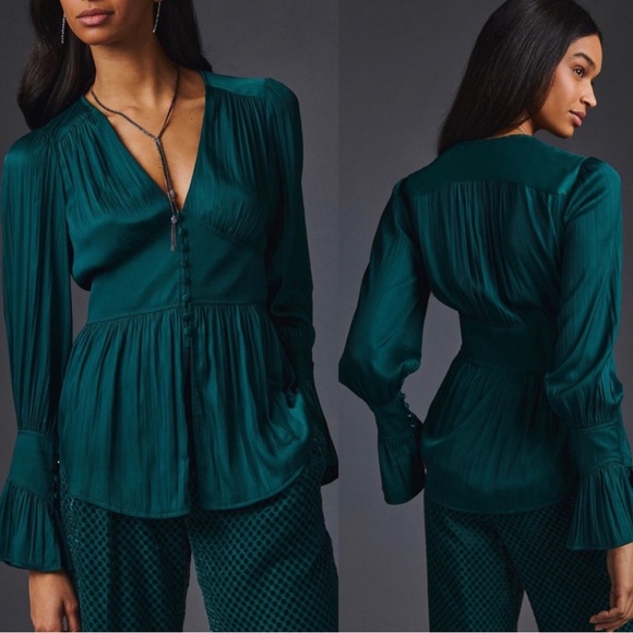 By Anthropologie Deep-V Tunic Button Down Top Green Satin Color Sz. M - Picture 2 of 12